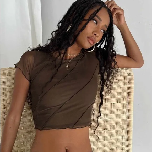 Princess Polly Brown Sheer Short Sleeve Top - Picture 1 of 2